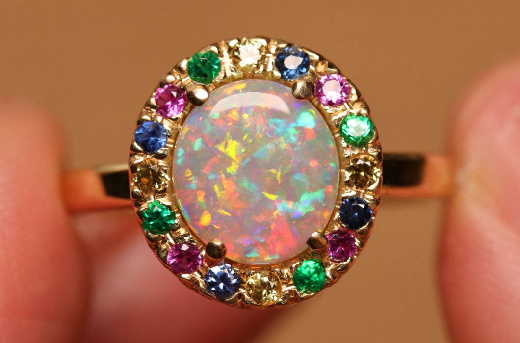 Sweet Pastel Opal Halo Ring - 18k Gold