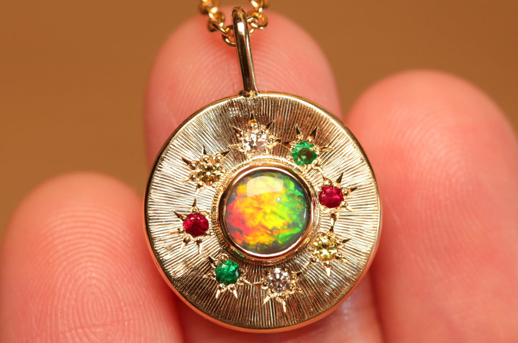 Sunray Multi-coloured Halo Opal Pendant - 18k Gold