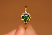 Load image into Gallery viewer, Gem Quality Rolling Flash Opal Halo Ring - 18k Gold
